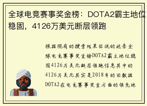 全球电竞赛事奖金榜：DOTA2霸主地位稳固，4126万美元断层领跑